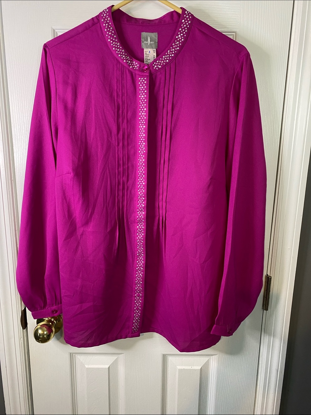 Fair Lady Magenta Rhinestone-Trim Button-Down Shirt Size 12.